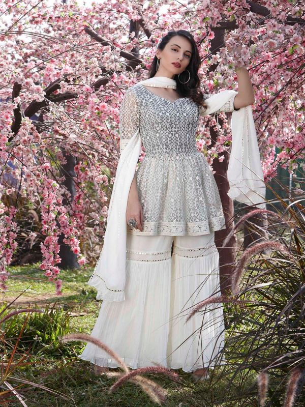 Grey With Off White Net Fabric Gharara Suit Along With Net Dupatta