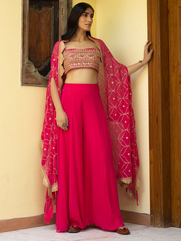 Rani Pink Embroidered Bustier With Sharara And Cepe