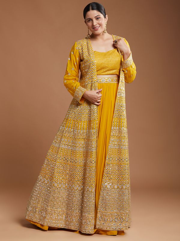 Yellow Fully Hand Embroidery Georgette Fabric Designer Readymade Lehenga Set Along With Long Jacket 