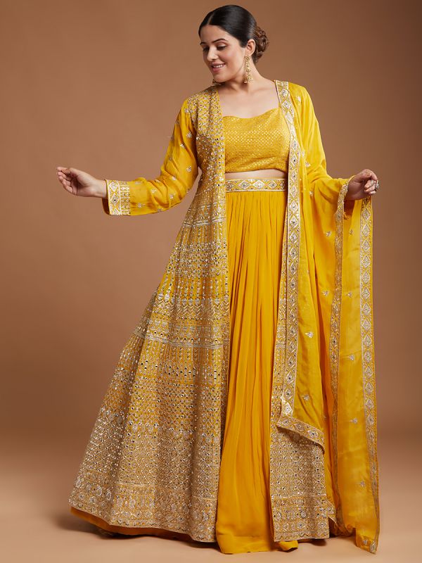 Yellow Fully Hand Embroidery Georgette Fabric Designer Readymade Lehenga Set Along With Long Jacket 