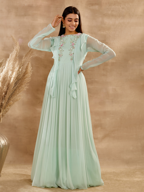 Aqua Light Green Cutdana And Sequin Embroidered Georgette Maxi Dress