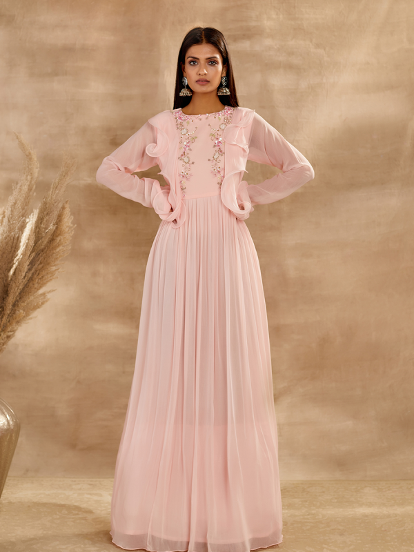 Baby Pink Cutdana And Sequin Embroidered Georgette Maxi Dress