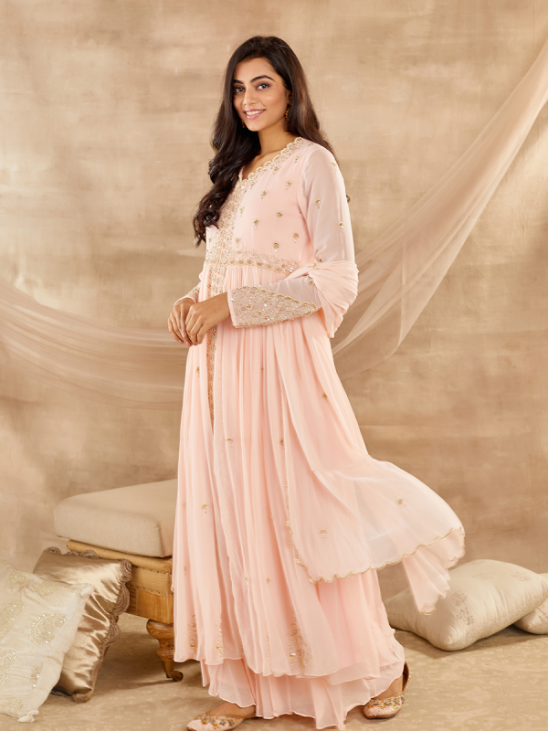 Pastel Pink Georgette Fabric With Cutdana Moti and Sequin Work Anarkali Suit