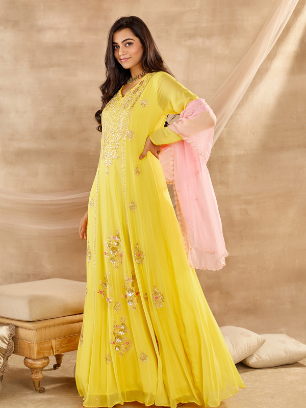 Corn Yellow Georgette Fabric With Cutdana And Moti Hand Work Emroidered Anarkali Set