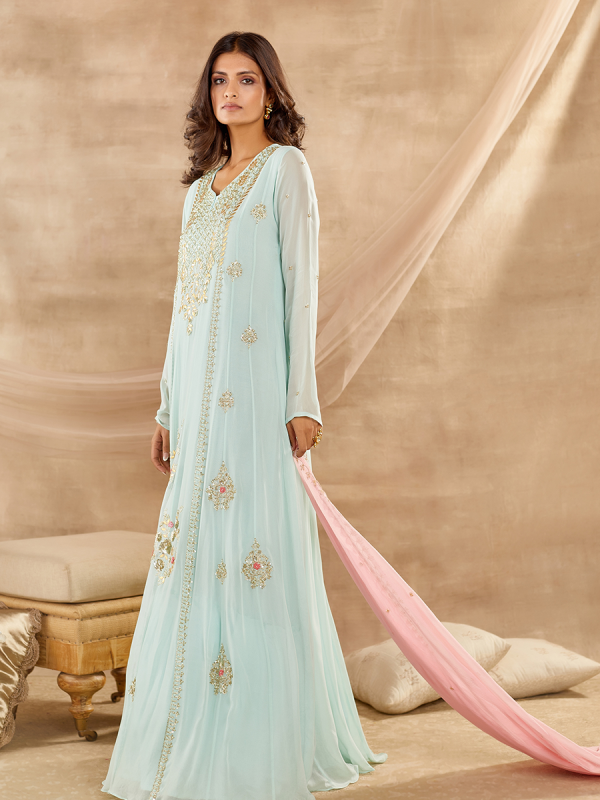 Sky Blue Georgette Fabric With Cutdana Moti And Sequin Work Anarkali Set
