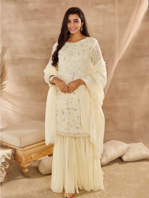 Off White Georgette Fabric With Mirror And Cutdana Work Sharara Set 