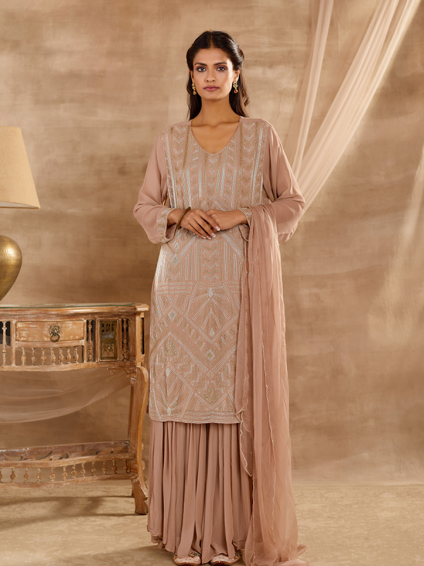 Peach Georgette Fabric With Sequin And Cutdana Work sharara set 