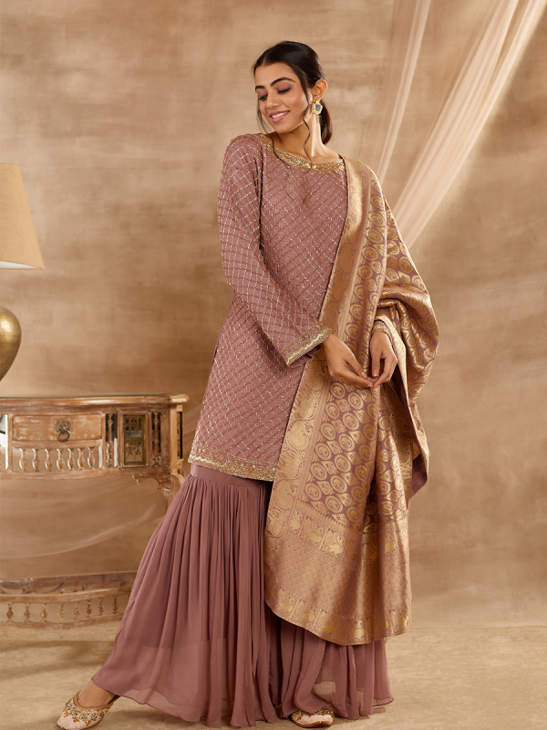 Peach Upada Silk Fabric Cutdana And Moti Work With Brocade Dupatta Sharara Set 