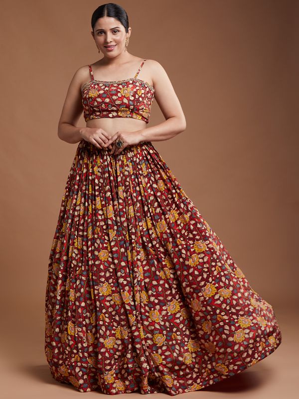 Maroon Floral Print Chinon Fabric Fancy Readymade Lehenga Set Along With Jacket