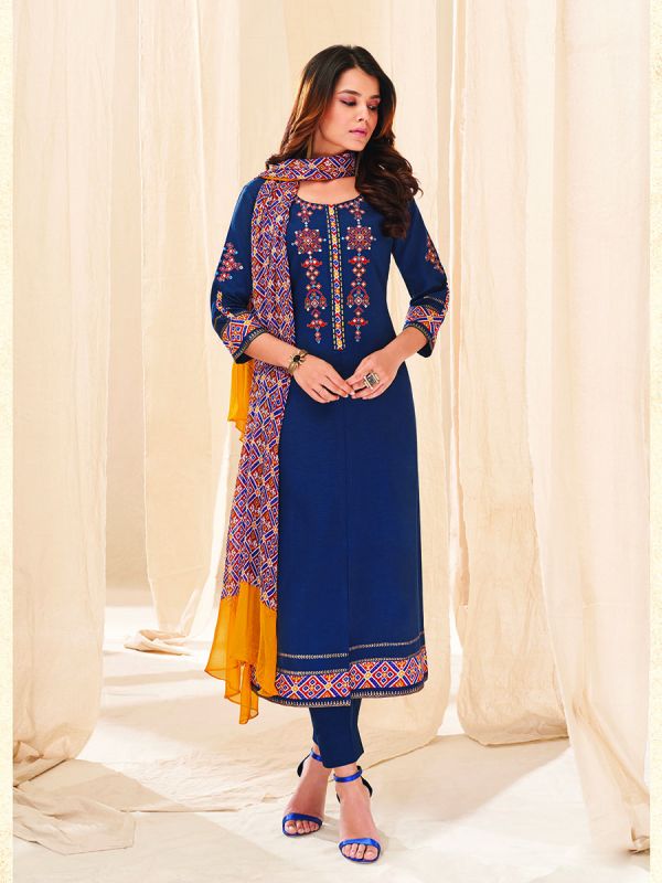 Navy Blue Pure Cotton Fabric Salwar Suit 