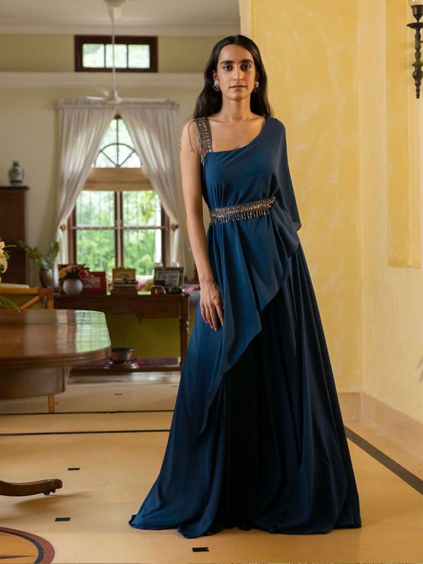 Navy Blue Asymmeterical Gown With Embellished Belt