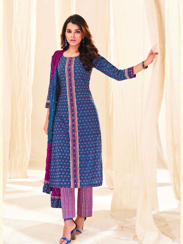 Blue Pure Pure Cotton Fabric Printed Salwar Suit 