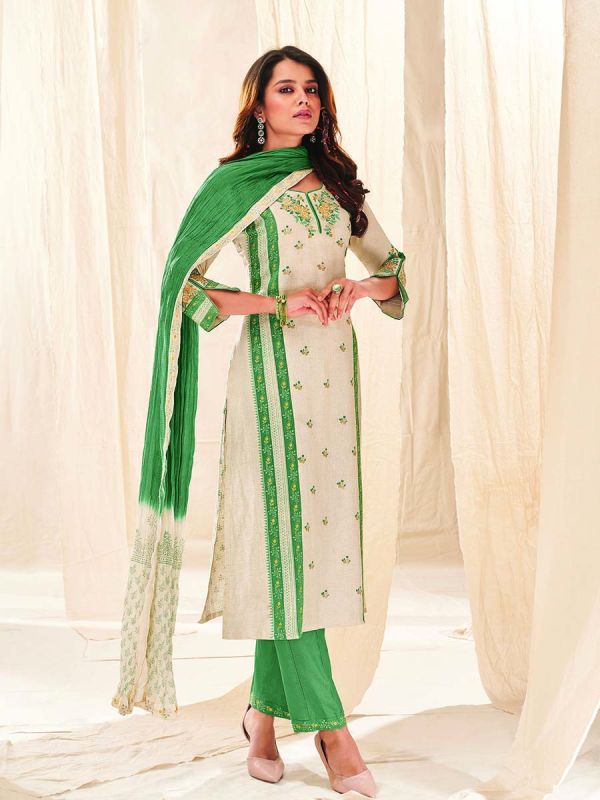 Cream With Green Pure Cotton Fabric Salwar Suit 