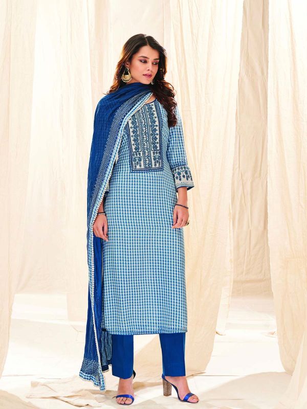 White With Blue Printed Pure Cotton Fabric Salwar Suit  
