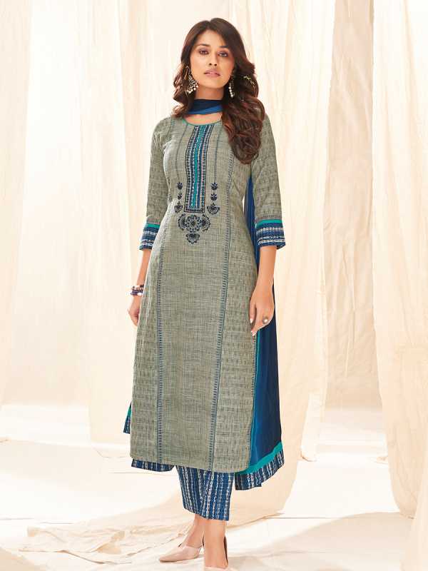 Grey With Blue Pure Cotton Fabric Salwar Suit 