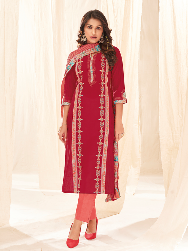 Red With Peach Pure Cotton Fabric Salwar Suit