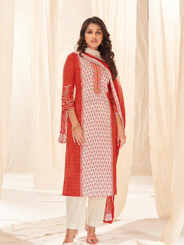 White With Red Pure Cotton Fabric Printed Salwar Suit 