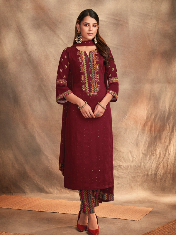 Maroon Pure Chanderi Silk Fabric Thread & Mirror Work Salwar Suit 
