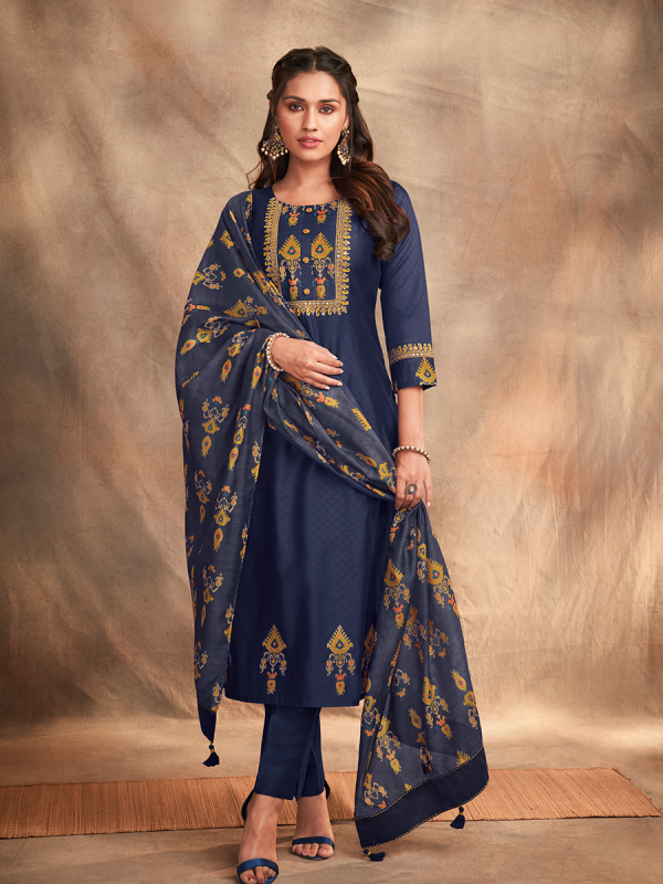 Navy Blue Pure Chanderi Silk Fabric Ikat Print Salwar Suit 