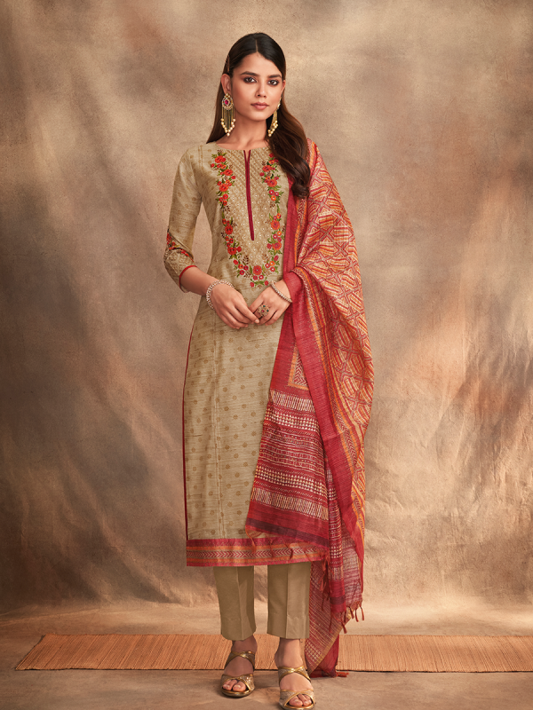 Beige Pure Chanderi Silk Fabric Salwar Suit With Printed Dupatta 