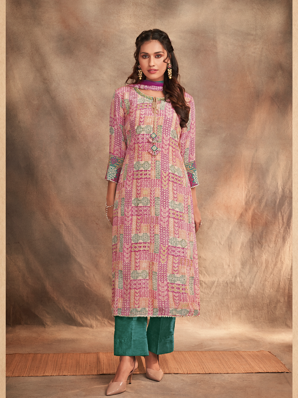 Multi Color Pure Chanderi Silk Fabric Printed Salwar Suit 