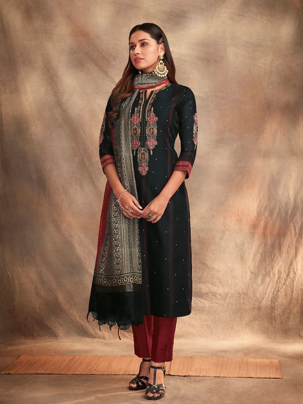 Black With Maroon Pure Chanderi Silk Fabric Salwar Suit 