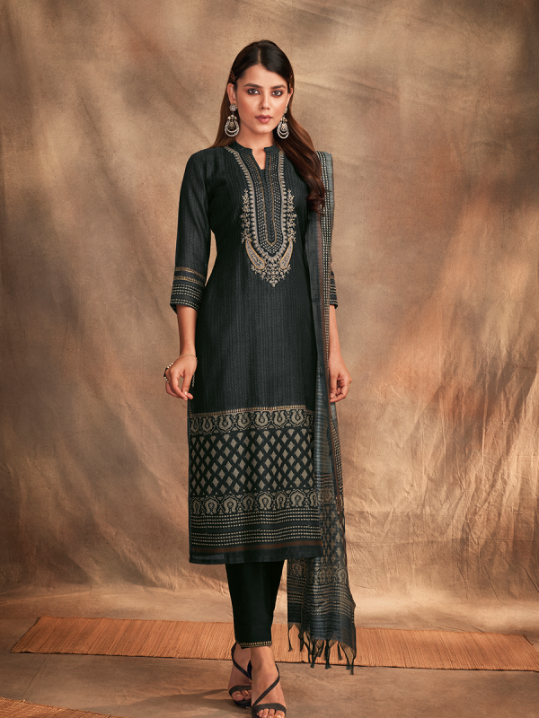 Dark Grey Pure Chanderi Silk Fabric Thread Work Salwar Suit 