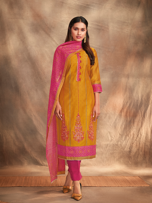 Mango Yellow Pure Chanderi Silk Fabric Salwar Suit With Printed Bandhani Dupatta 