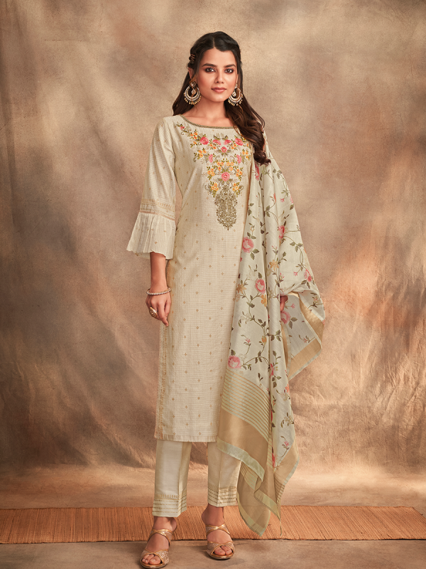 Cream Pure Chanderi Silk Fabric Salwar Suit With Resham Thread Work