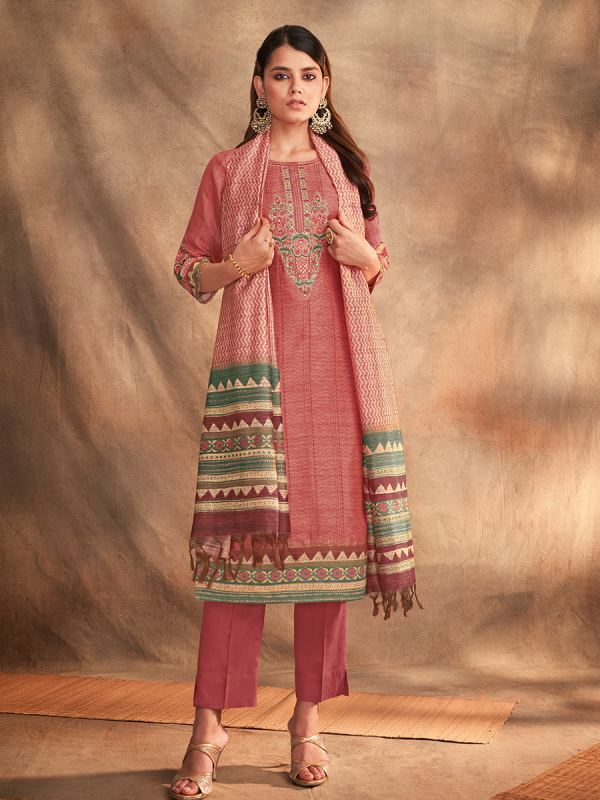 Peach Pink Pure Chanderi Silk Fabric Salwar Suit 