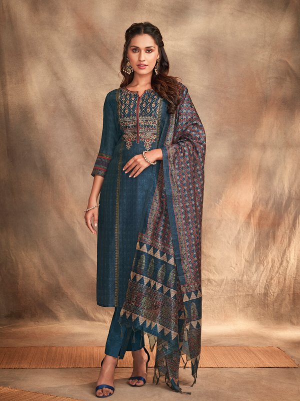 Navy Blue Pure Chanderi Silk Fabric Salwar Suit With Printed Dupatta 