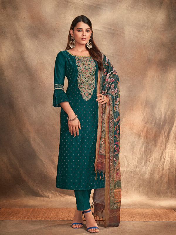 Rama Blue Pure Chanderi Silk Fabric Salwar Suit With Printed Dupatta 