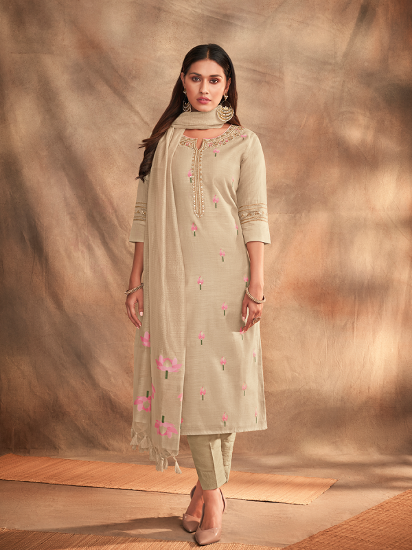 Beige Pure Chanderi Silk Fabric Salwar Suit 