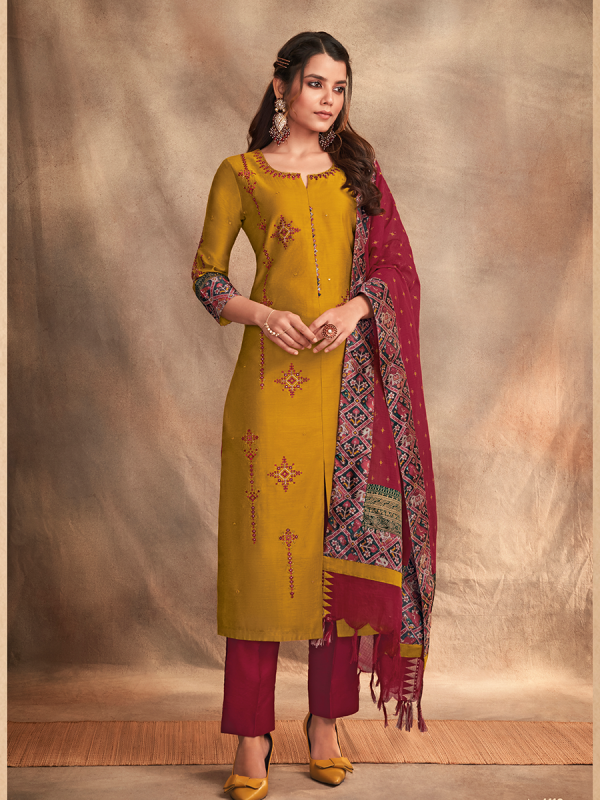 Yellow Pure Chanderi Silk Fabric Salwar Suit With Patola Print Dupatta 