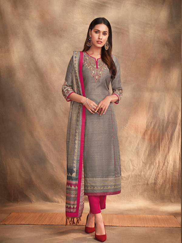 Grey With Rani Pink Pure Chanderi Silk Fabric Salwar Suit 