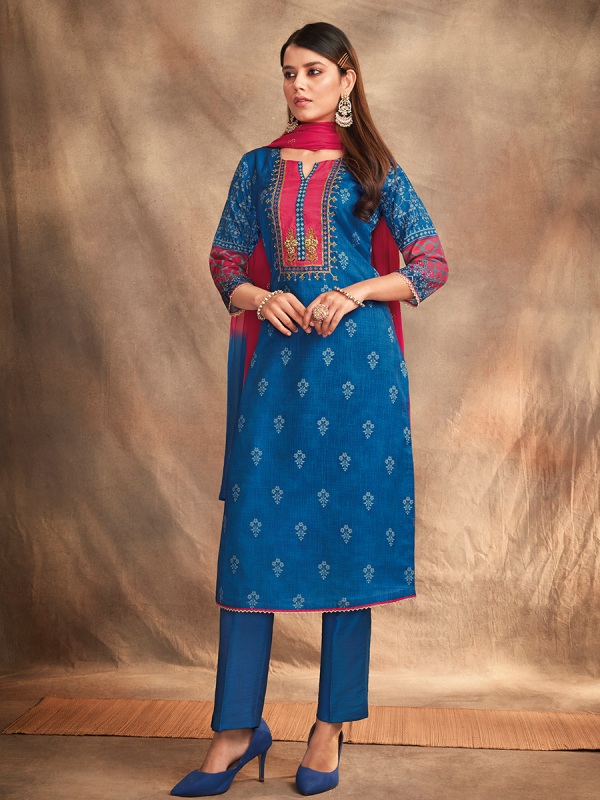 Royal Blue Pure Chanderi Silk Fabric Salwar Suit 