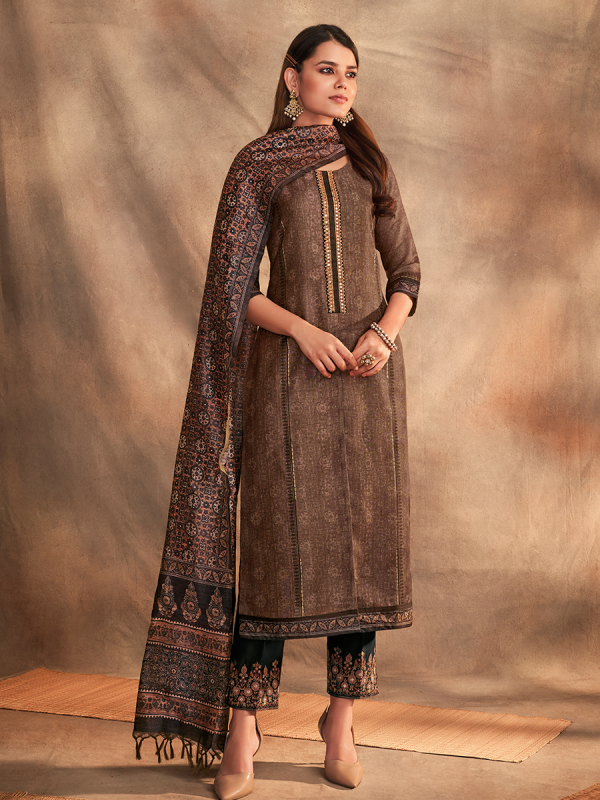 Brown Pure Chanderi Silk Fabric Salwar Suit 