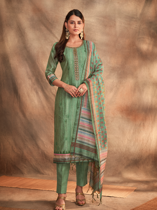 Green Pure Chanderi Silk Fabric Salwar Suit 