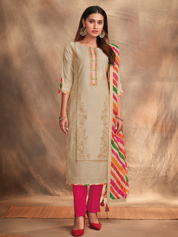 Cream With Pink Pure Chanderi Silk Fabric Salwar Suit With Multi Color Dupatta 