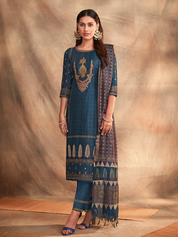 Blue Pure Chanderi Silk Fabric Salwar Suit 