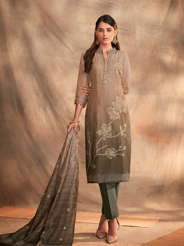 Beige With Light Mehendi Green Pure Chanderi Silk Fabric Salwar Suit 