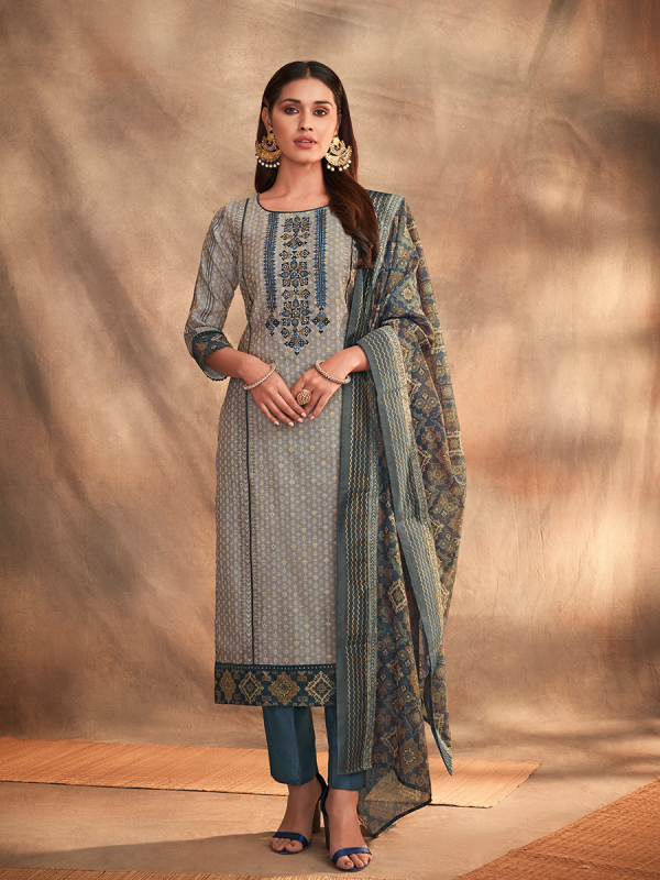 Grey Pure Chanderi Silk Fabric Salwar Suit With Ikat Print Dupatta 