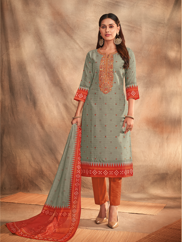 Light Grey With Orange Pure Chanderi Silk Fabric Salwar Suit 