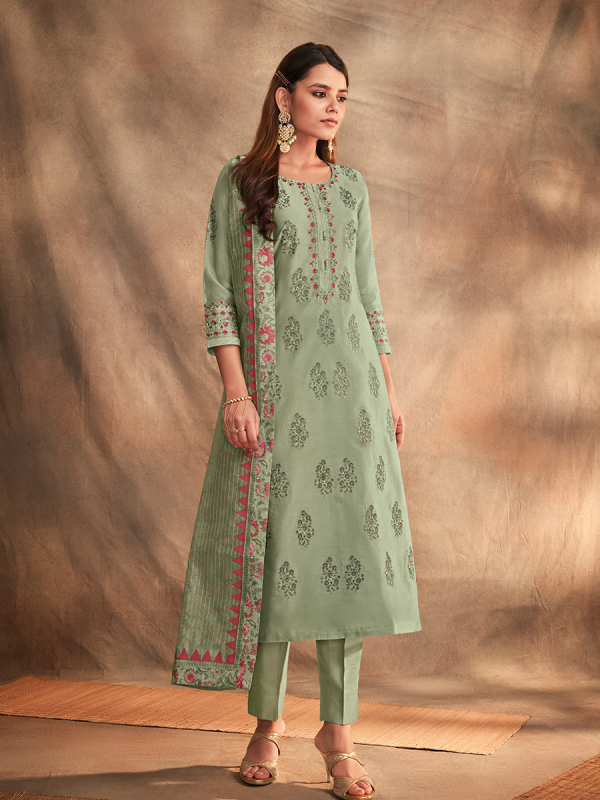 Mint Green Pure Chanderi Silk Fabric Salwar Suit 
