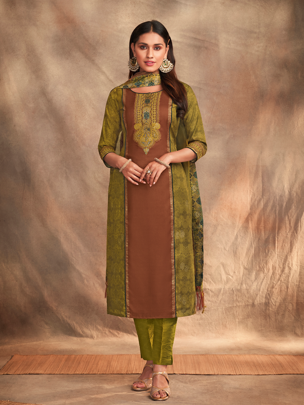Mehendi Green With Brown Pure Chanderi Silk Fabric Salwar Suit 
