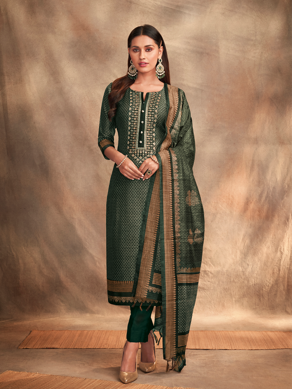 Dark Olive Green Pure Chanderi Silk Fabric Salwar Suit 
