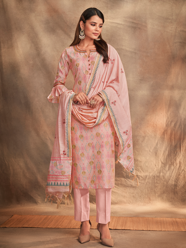 Baby Pink Pure Chanderi Silk Fabric Ikat Print Salwar Suit 