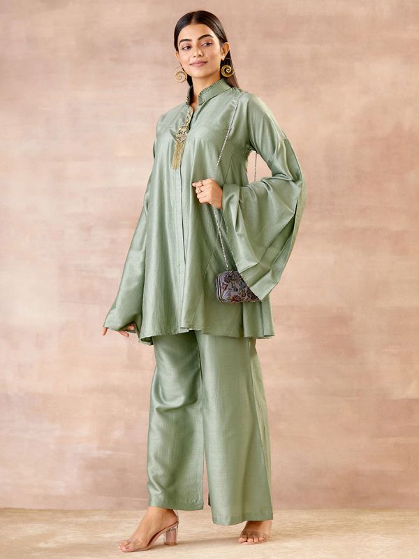 Metallic Green Cord Set with Flared Sleeves and Pants 