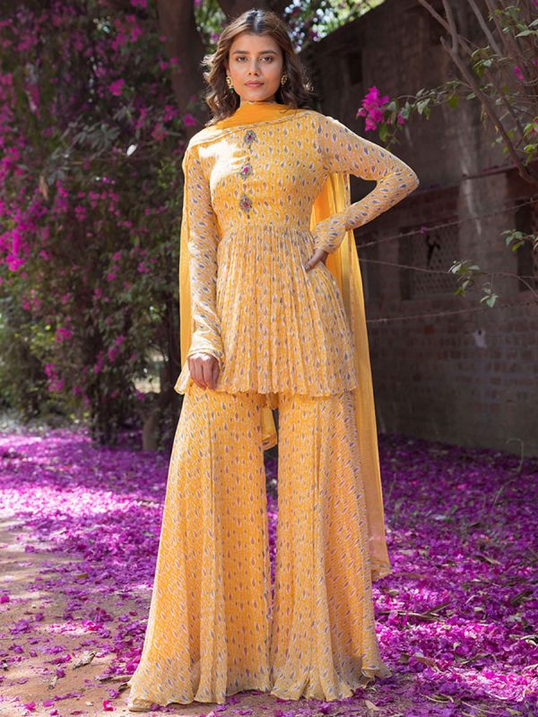 Drop Printed Sunflower Yellow Full Sleeves Sharara Suit Set with Front Embellishment