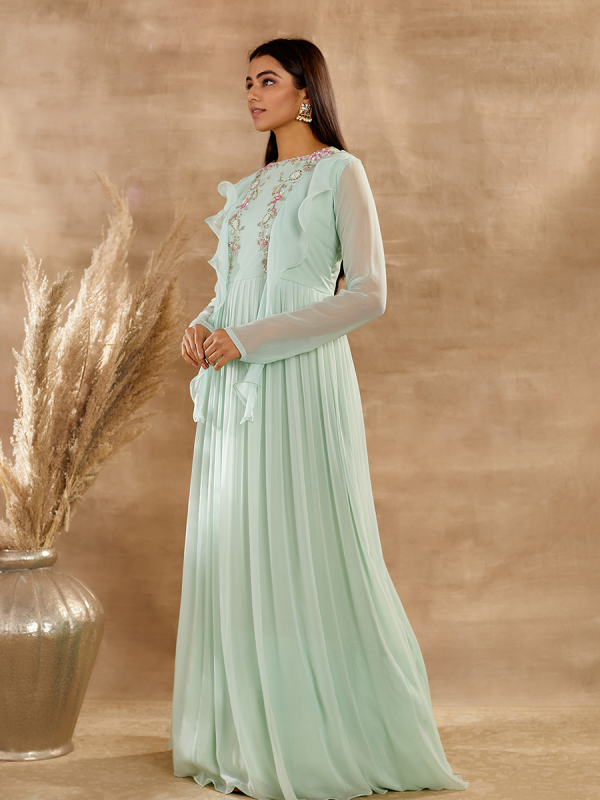 Aqua Light Green Cutdana And Sequin Embroidered Georgette Maxi Dress